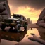 Placeholder: stylized hyperrealistic shot, muddy aggressive military toy truck, monotone color palette, sharp focus, puddle reflection, tire water splash, refraction, sunset, rocky terrain with huge boulders, detailed and intricate, cinematic composition, micro, tilt shift photography, unreal engine 5, octane render, 8k, cinematic lighting