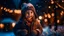 Placeholder: Little girl with christmas lights enjoying the holidays outdoors in snowfall. Happy cute child girl playing with Chistmas festive lights. digital ai