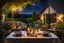 Placeholder: in the nice garden Cozy outdoor dining scene, on the table are lit candles, a bottle wine with two wineglasses, warm and inviting ambiance. in the distance plants, flowers, trees, summer night, high detailed, masterpiece