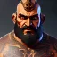 Placeholder: Ganesha battle axe, beard, sleeve tattoo, strong man, small minutiae, tiny features