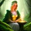 Placeholder: romantic fantasy spray painting, portrait of very cute hooded green eyed blonde robed bard with halo sitting on huge stone, bubbles, tossing torch in magical forest, foliage frame, magic wand