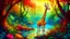 Placeholder: A giraffe in a magical and colorful jungle beside a river