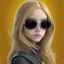 Placeholder: Girl with long wavy brown blond hair, yellow eyes. Wears Hogwarts Hufflepuff uniform, sunglasses with a yellow clip. She has a snowy owl with yellow eyes on her shoulder.