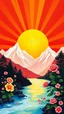 Placeholder: The background features a radiant sunrise red yellow gradient with white mountains and flowers gaden VOILET ROSE FLOWER river at the image's base.bold painting style