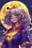 Placeholder: Style: anime manga, A Girl with dark skin tone, Red eye with a yellow base, Full curly white hair, moon-shaped cheek marks, and a childish smile, Her face is half in profile, Her outfit is: A lunar witch with purple color.