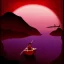 Placeholder: Charon in his boat on the river Styx, red black purple colours, 8k, high definition, fantasy art, winding river, sharp jagged rocks, high contrast colours, sharp colours