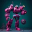 Placeholder: A hyper-realistic 3D Surreal digital painting, magenta droid mechanic, rich deep teal background, dreamlike imagery, fantastical elements, perfect body ,dymond , boots