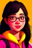 Placeholder: high quality, HD photo a girl with black hair, big brown eyes, a yellow Pullover, dark pink background, and Disney-faced girl, a not big smile on her face, glasses on like nerds, more natural face