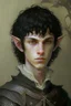 Placeholder: a teen elf, full lenght. he has curly, black hair and sharp cheekbones. His eyes are black. He wears fantasy medieval clothes. he is lean and tall, with pale skin.