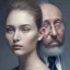 Placeholder: a young woman sitting next to a 50-year-old man with a beard and short hair, portrait, 8K, close-up face, anatomically perfect face, Highly detailed stunning full frame portrait, misty and cloudy atmosphere