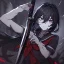 Placeholder: Clear focus, High resolution, rough line sketch art, long black hair, hair between eyes, fluffy hair, purple eyes, wearing a black and red sailor uniform, dark aura, mad, holding katana, bloody mess