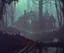 Placeholder: dynamic lighting, Intricately detailed, Splash screen art, deep color, Unreal Engine, volumetric lighting, dark fantasy artwork, dark swamp artwork, fantasy swamp artwork, cottage, night, fog,