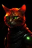 Placeholder: A realistic humanoid cat, sunset orange fur, blood red stripes, Wearing black leather armor, Scar over right eye, Glowing green eyes, shrouded in shadows, combat pose,