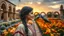 Placeholder: Hyper Realistic Photographic Close Side View Of A Beautiful Pashto Woman (With Beautiful Eyes Lips & Nose, & Long Black braid Hairstyle ; Wearing Beige Frock With Maroon & Purple Stripes & white embroidery) Happily Standing In A Beautiful Colorful Flower Garden With Fancy Stone Arches & A Peacocks Far Behind Her At Beautiful Cloudy Sunset Showing Dramatic & Cinematic Ambiance.