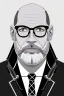 Placeholder: black and white,real estate agent,bald male with grey beard,55 years old,metal frame glasses,, necktie,portly,detailed drawing,white background