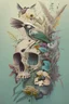 Placeholder: Bird skull overcome by vegetation, muted colors, flowers and insects