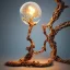 Placeholder: a gorgeous, stunning table lamp made of twisted, gnarled wood with illuminated globe of light hanging off one branch, blue-green biosphere, lamp cord, 8k resolution, high-quality, fine-detail, photorealistic, intricate, digital art, detailed matte, volumetric lighting, illustration, 3D octane render, brian froud, howard lyon, George Grie, Ben Goossens