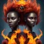 Placeholder: 3D. Detailed Painting .realistic. Dark skin women. Beautiful. the faces of two young black women. Warm. Fire nymphs emerging from the flames.red.. Energy. Focus. THeir hair looks like smoke .smoke curling. Dreadlocs. Their skin is the colour of charcoal . Their hair moves like smoke. . their clothing is made of flames, red. Orange. Yellow. White and gold