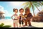 Placeholder: 3D video game characters, star wars, Leia princess, Luke, Han Solo, Chewbacca at the beach in sunshine, tiki bar, cocktails, hearts, waterfall, happiness