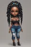 Placeholder: create a colorful abstract digital art image 8k of a chibi curvy black female wearing torn jeans pants with fringe on the side and a black-tie dye off the shoulder blouse. Prominent make up with hazel eyes. Highly detailed long Senegalese twist in a hair wrap