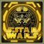 Placeholder: "STAR WARS" text, caption, shiny. gold metallic, reflective, centered