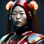 Placeholder: Japanese woman, rounded face, blood, black, red, samurai helmet, decorative color feathers, retro, bamboo, leather, soft color, highly detailed, art stations, concept art, smooth, unreal engine 5, god rays, ray tracing, RTX, lumen lighting, ultra detail, volumetric lighting, 3d, finely drawn, high definition, high resolution.