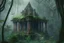 Placeholder: An old wooden Hindu temple overgrown with vines, in a forest, mist