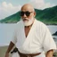 Placeholder: [Turtle Hermit] Live-action Master Roshi, a white elderly man with a bald head and white beard, trains on his island. His strength surprises in this realistic and humorous live-action scene. In 1950s live-action film screengrab, 1950's Super Panavision 70, vintage, grainy, live-action