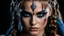 Placeholder: cinematic film still dramatic side lighting, (((detailed eyes))), dramatic intense stare closeup portrait, dark black background, hdr, dramatic beautiful warrior woman with warrior face paintings and blood, viking braids, blue eyes, pelt, skull necklace, shallow depth of field, vignette, highly detailed, high budget Hollywood film, cinemascope, moody, epic, gorgeous