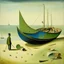 Placeholder: A man, beach, a green and blue boat, some pieces of wood, summer, creepy, odd, Yves Tanguy