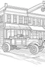 Placeholder: Outline art for coloring page OF A 1943 PULL TOY IN THE UNITED STATES IN FRONT OF A STORE, coloring page, white background, Sketch style, only use outline, clean line art, white background, no shadows, no shading, no color, clear