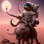 Placeholder: 1yo little boy is on safari on the moon. riding a pink dinosaur. he has big and a funny hat. High detailed. Cinematic. oil on canvas painting. Warm lights. beksinski