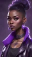 Placeholder: arcane tv show style, league of legends, solo, 1girl, attractive teenager, african, dark skin, dark-brown eyes, black hair, pair buns, (violet strand in forehead bang), necklace, earrings, modern makeup, (detailed skin texture), old leather jacket with violet fur collar, oversized torn t-shirt with half-erased unknown music group logo, You can see through the holes in the t-shirt her acid-green top, dark background, bokeh, cinematic atmosphere