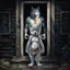 Placeholder: fantasy digital art of crying young female anthro wolf in gray hairy wolf body and wears just a short canvas rag around her waist , sadly crying face stands in the rain front the door, behind her an tall anthro dark hairy wolf man standing behind in rustic halb open door in an massive wooden house, deep colors, rainy day, detailed, anthropomorphic creatures, fantasy, sci-fi mood