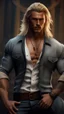 Placeholder: handsome warrior king, muscular, long blonde hair, male age 30, wearing jeans and a white buttonup shirt, tan skin, tattoos,photorealistic 4k dark fantasy