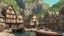 Placeholder: gothic medieval village at foot of cliffs, wooden harbour, shops, inn, taverns, houses, people, trees