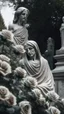 Placeholder: A grave with a statue of a woman behind it, and above it a white lace scarf and seven white roses. Cinematic picture