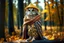 Placeholder: Owl wearing a knitted hat and shawl in the autumn forest