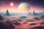Placeholder: alien planet, top view of the landscape, two big planets in the sky, pastel colors, stylized, Bokeh, 35mm, Vivid hue, golden hour, futuristic style,