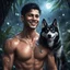 Placeholder: Hyper Realistic handsome shirtless muscular short black hair young man with wet chest smiling & standing with his black husky in a dark mystical jungle at rainy night with glowing crystals