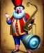 Placeholder: happy old friendly fat clown with trimmed beard playing jazz with a steampunk theme, circus, realistic