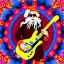 Placeholder: hippie Santa playing electric guitar psychedelic peace sign, MUSHROOMS, TRIPPY, ACID, LSD, dreadlocks