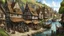 Placeholder: gothic medieval village at foot of cliffs, wooden harbour, shops, inn, taverns, houses, people, trees