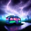 Placeholder: An old caravan at the bottom of an streaming river, lots of clouds within neon lights, thunder