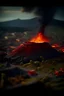 Placeholder: Extremely detailed photo (active volcano with lava flowing onto the Pompey-city:1.1), ((night)), tilt shift, super detailed, super realism, (view from city:1.3)