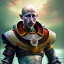 Placeholder: spray painted fantasy art, blurred realism, color corrected, white balance, book illustration,upper body of a realistic bald warrior monk by a dam ,autumn water, colorful, evening