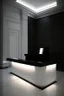 Placeholder: Museum reception desk with black walls, white floor, and hidden or rich lighting