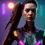 Placeholder: Cyberpunk character style , pretty cyber woman, futuristic, rounded face, blood, black, gold, brown, samurai dress, decorative color feathers, simetric, circuits, neon style, a lot of led lights, fog, rain, vibrant color, highly detailed, art stations, concept art, smooth, unreal engine 5, god rays, ray tracing, RTX, lumen lighting, ultra detail, volumetric lighting, 3d, finely drawn, high definition, high resolution.