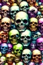 Placeholder: a field of 1000s of cartoonish, anatomically correct, skulls, vivid RANDOM BRIGHT neon colors, dark comedy, well lit, high detail, photorealistic, horrorcore, fun, scary, none featured, each a different color or hue,