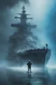 Placeholder: A ghostly ship captain standing in water up to his knees surrounded by a ghostly blue mist. A wrecked Arleigh Burke class destroyer is seen in the background.